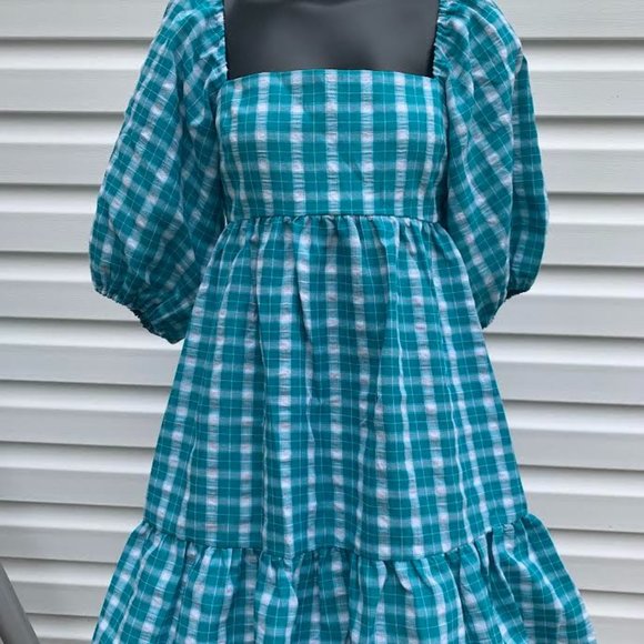 Amanda Uprichard Dresses & Skirts - Amanda Uprichard  Lucietta Blue Plaid Babydoll Ruffle Puff Sleeve Mini Dress